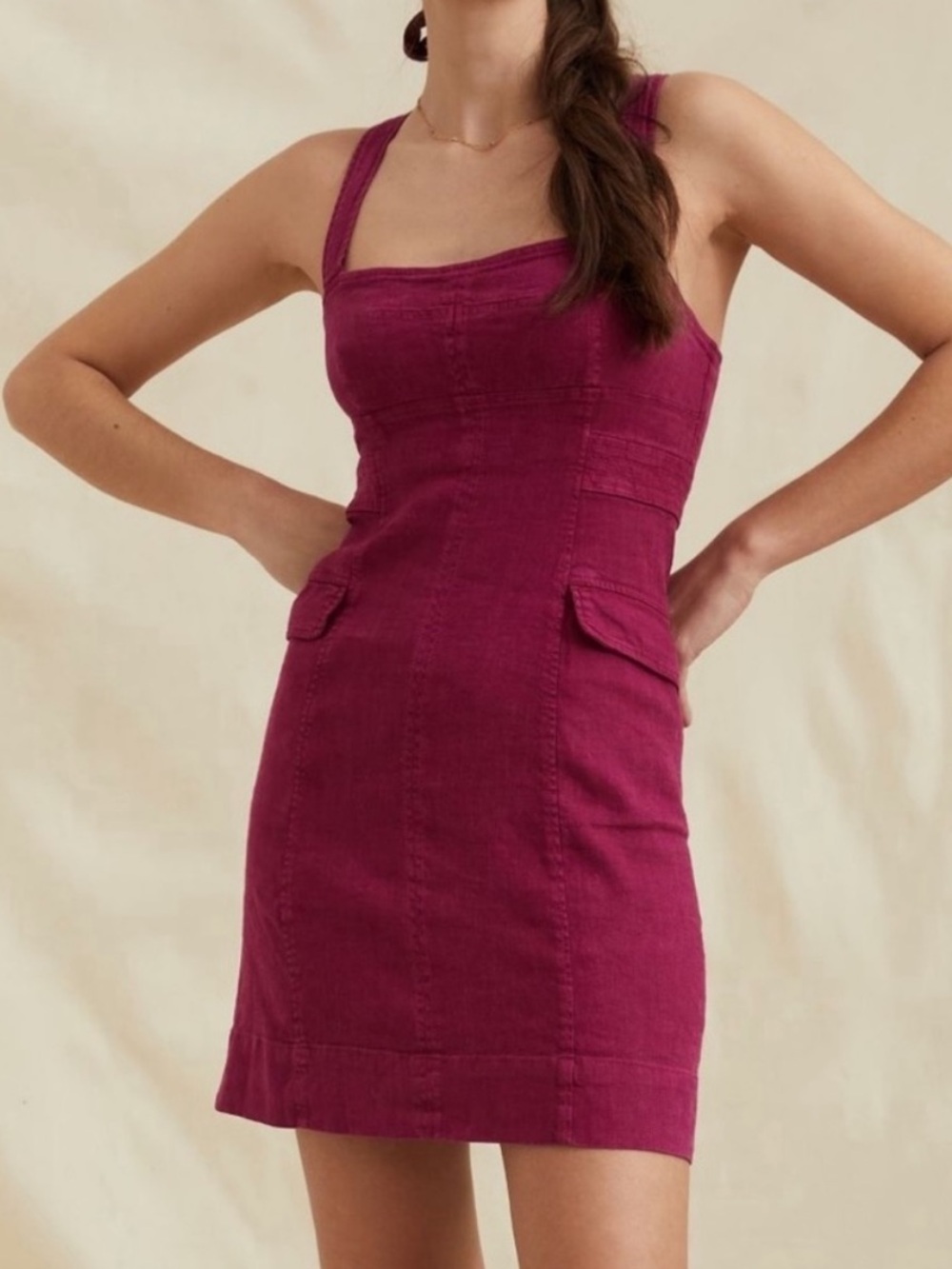 Anthropologie Square-Neck Maroon Burgundy Mini Dress Size 6 Linen Fitted